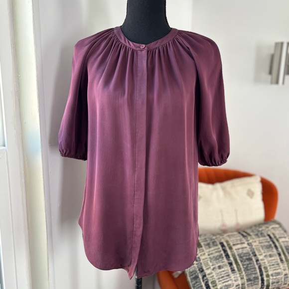 THEORY Romantic Elbow Sleeve Purple Bordeaux Silk Blouse S - Picture 4 of 9